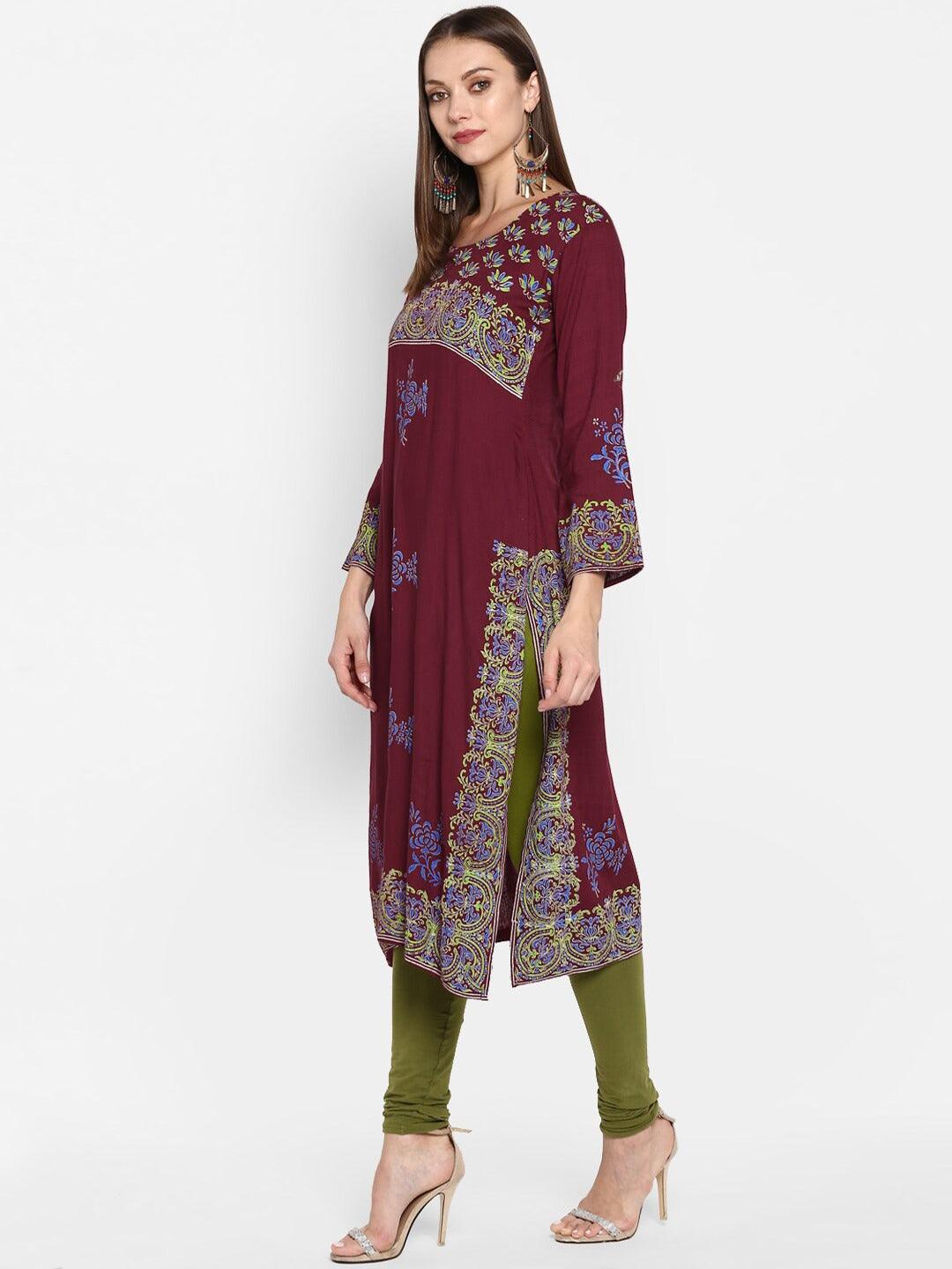 Women's Maroon & Blue Printed Kurta - NOZ2TOZ - Indiakreations