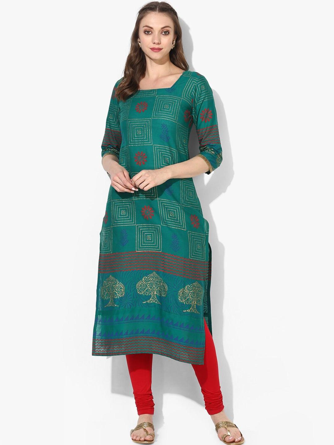 Women's Green & Gold-Toned Ethnic Motifs Printed Block Print Cotton Kurta - Wahe-Noor - Indiakreations