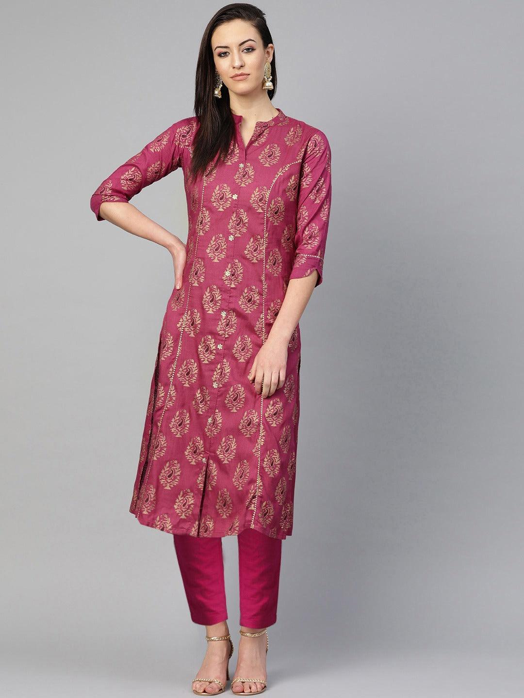 Women's Cotton Purple Foil Printed Gota Patti A-Line Kurta - Ishin - Indiakreations