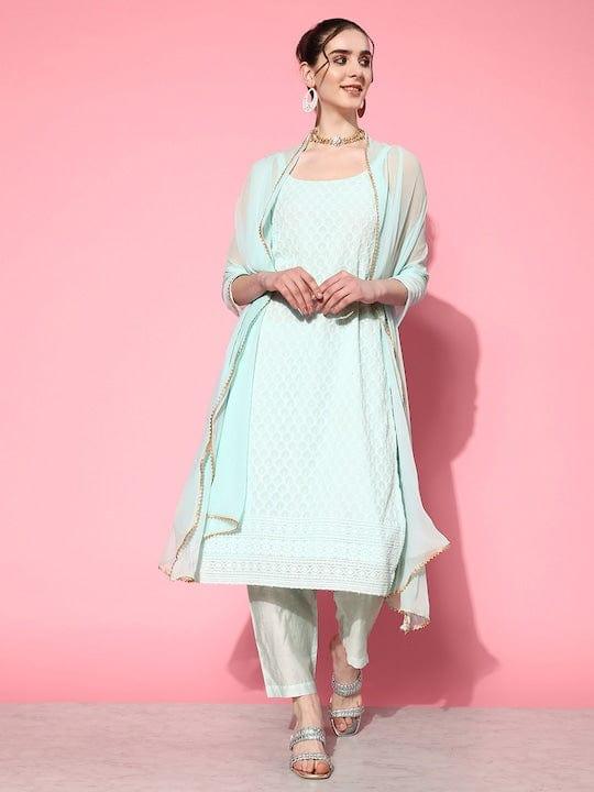 Varanga Women Embroidered Chikankari Silk Georgette Kurta With Trousers & Dupatta - Indiakreations