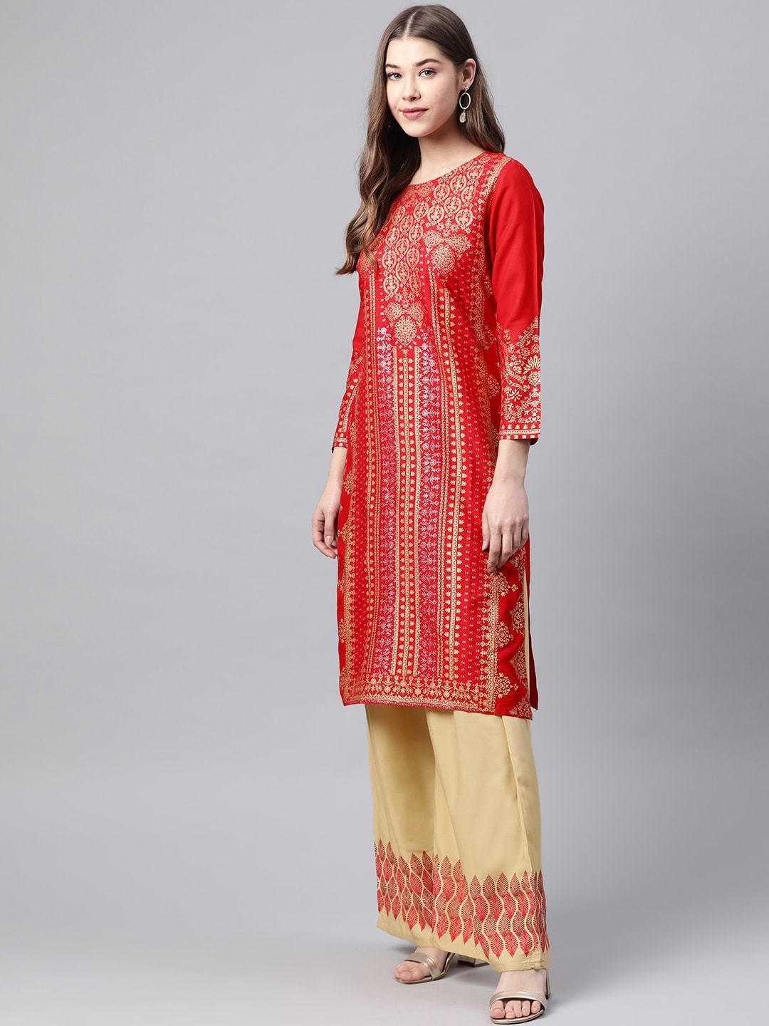 Women's Red & Beige Printed Kurta with Palazzos - Meeranshi - Indiakreations