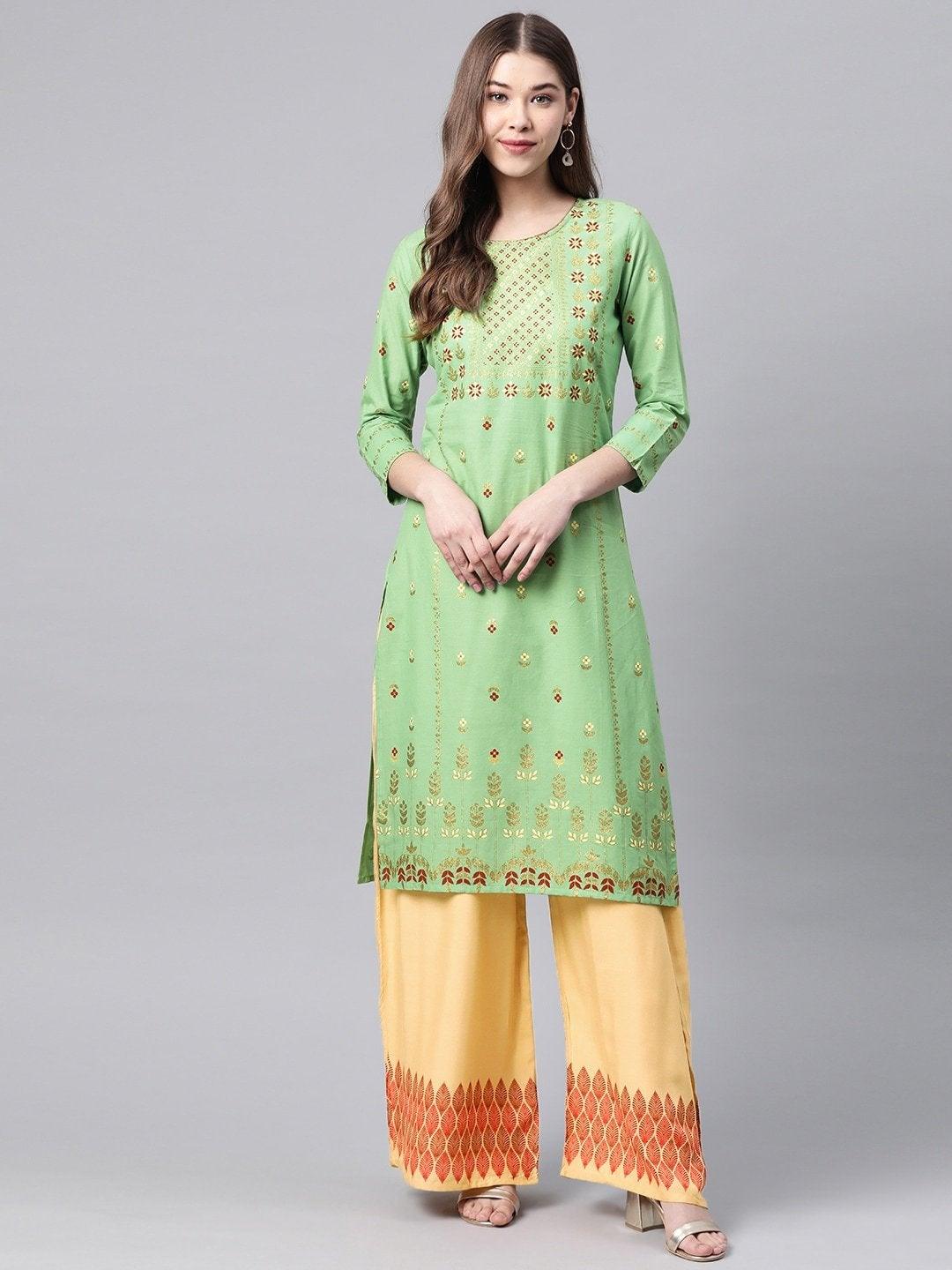 Women's Green & Beige Printed Pure Cotton Kurta with Palazzos - Meeranshi - Indiakreations