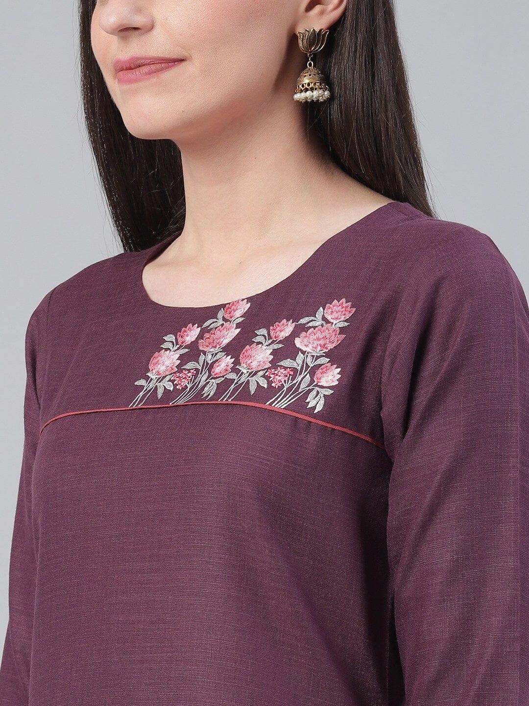 KSUT Aubergine Yoke Design Kurta with Trousers - Indiakreations