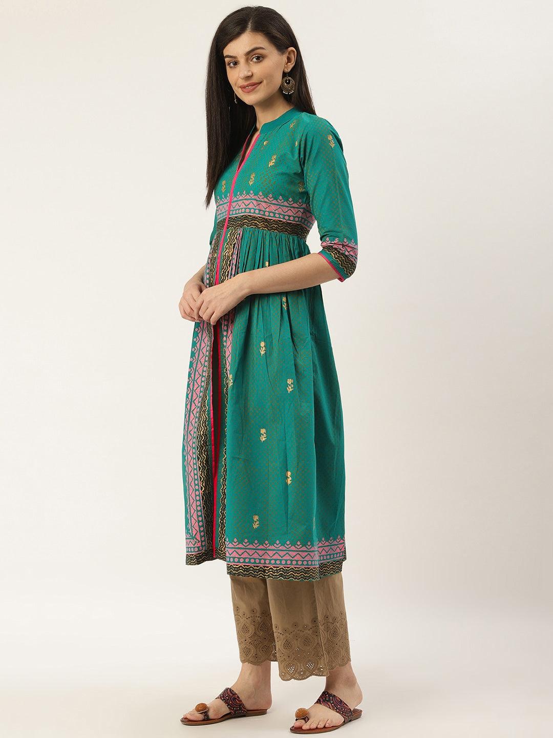 Women's Teal Green & Pink Hand Block Printed A-Line Kurta - Noz2Toz - Indiakreations