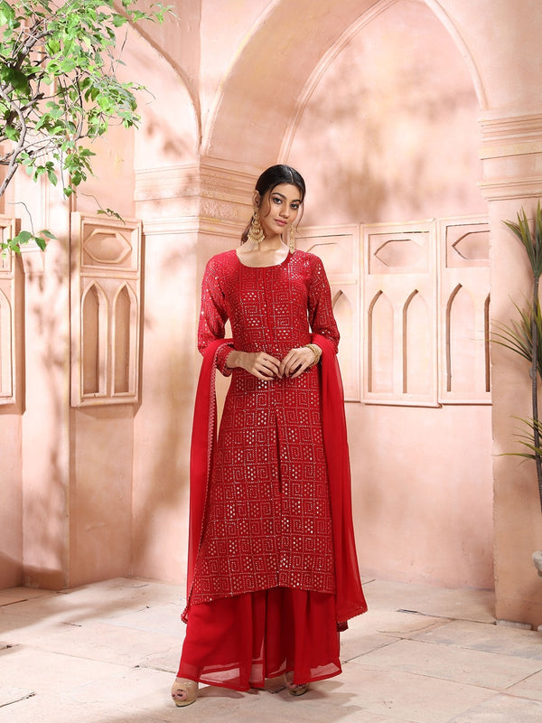 Fierce Red Palazzo Set with Front Slit Kurta For Women