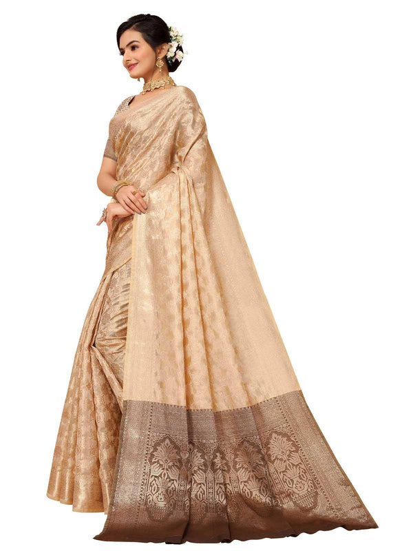 Women's Apricot Organza Zari Woven Saree With Blouse - Odette