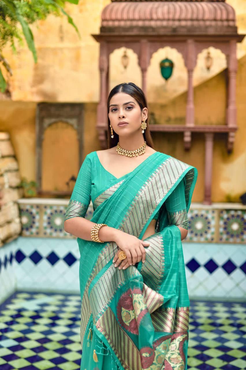 Aqua Green Cotton Silk Premium Sequins Saree - Indiakreations