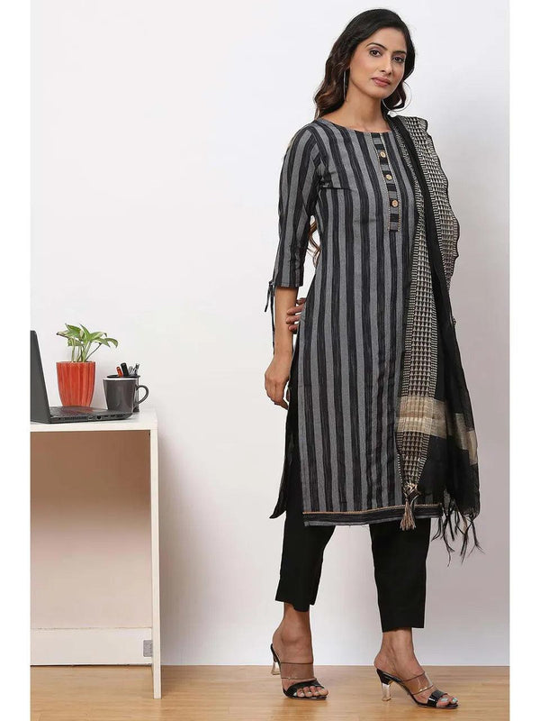 Women's Black Cotton Unstitched Dress Material Suit (Set of 3) - BIBA - Indiakreations