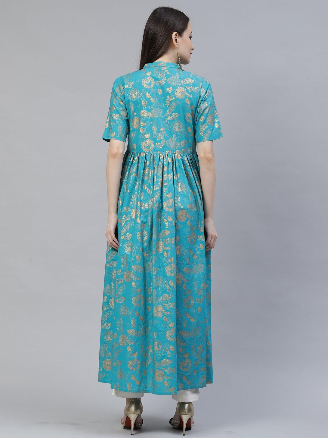 Women's turquoise blue and gold printed maxi dress - Meeranshi - Indiakreations