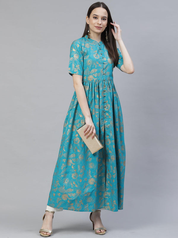 Women's turquoise blue and gold printed maxi dress - Meeranshi - Indiakreations