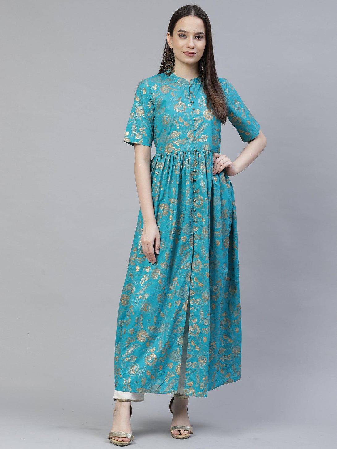 Women's turquoise blue and gold printed maxi dress - Meeranshi - Indiakreations