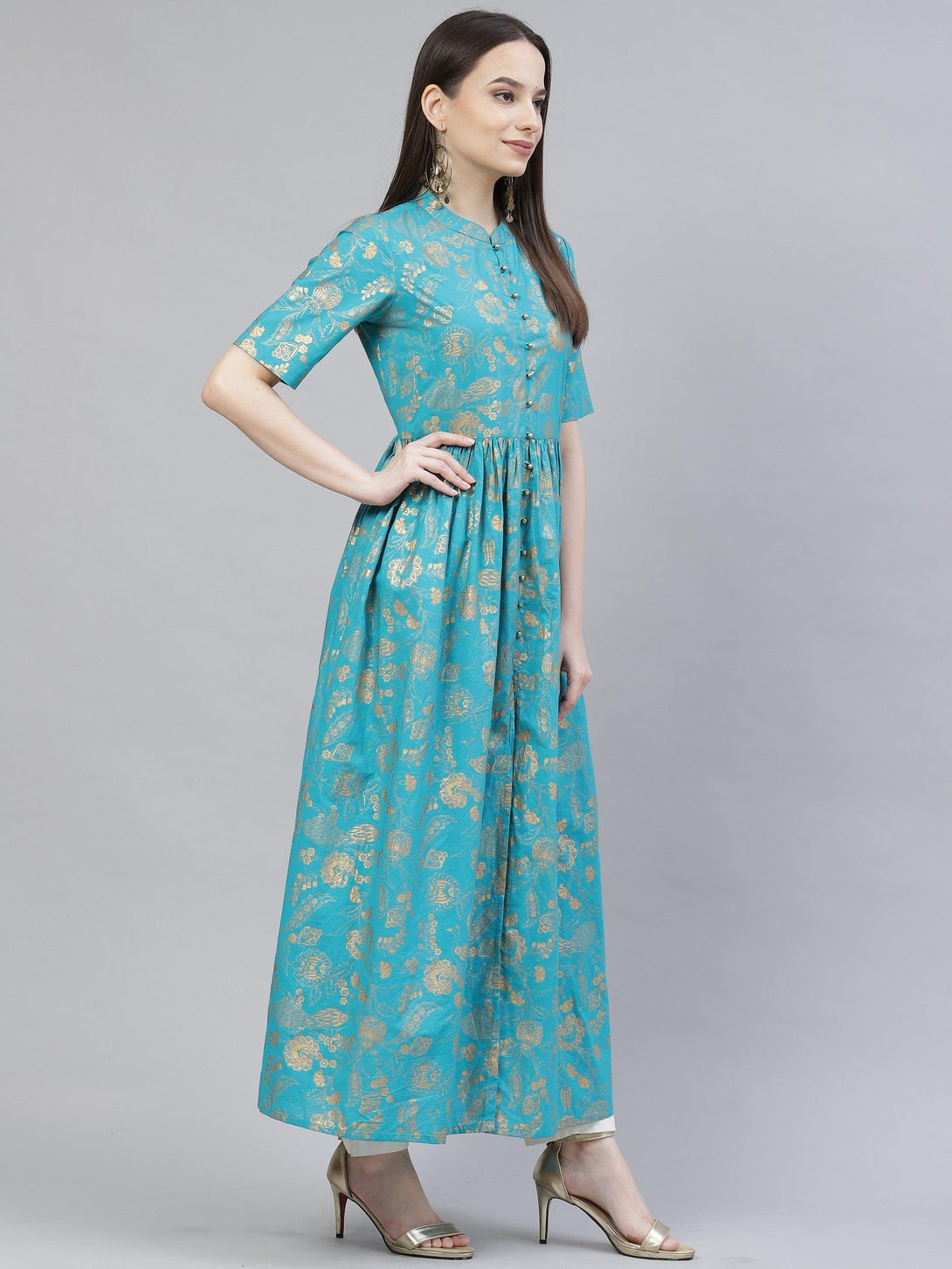 Women's turquoise blue and gold printed maxi dress - Meeranshi - Indiakreations