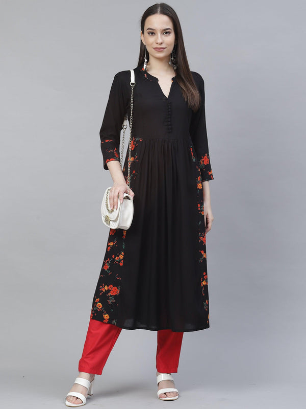 Women's Navy Blue & Red Floral Print Detail A-Line Kurta - Meeranshi - Indiakreations