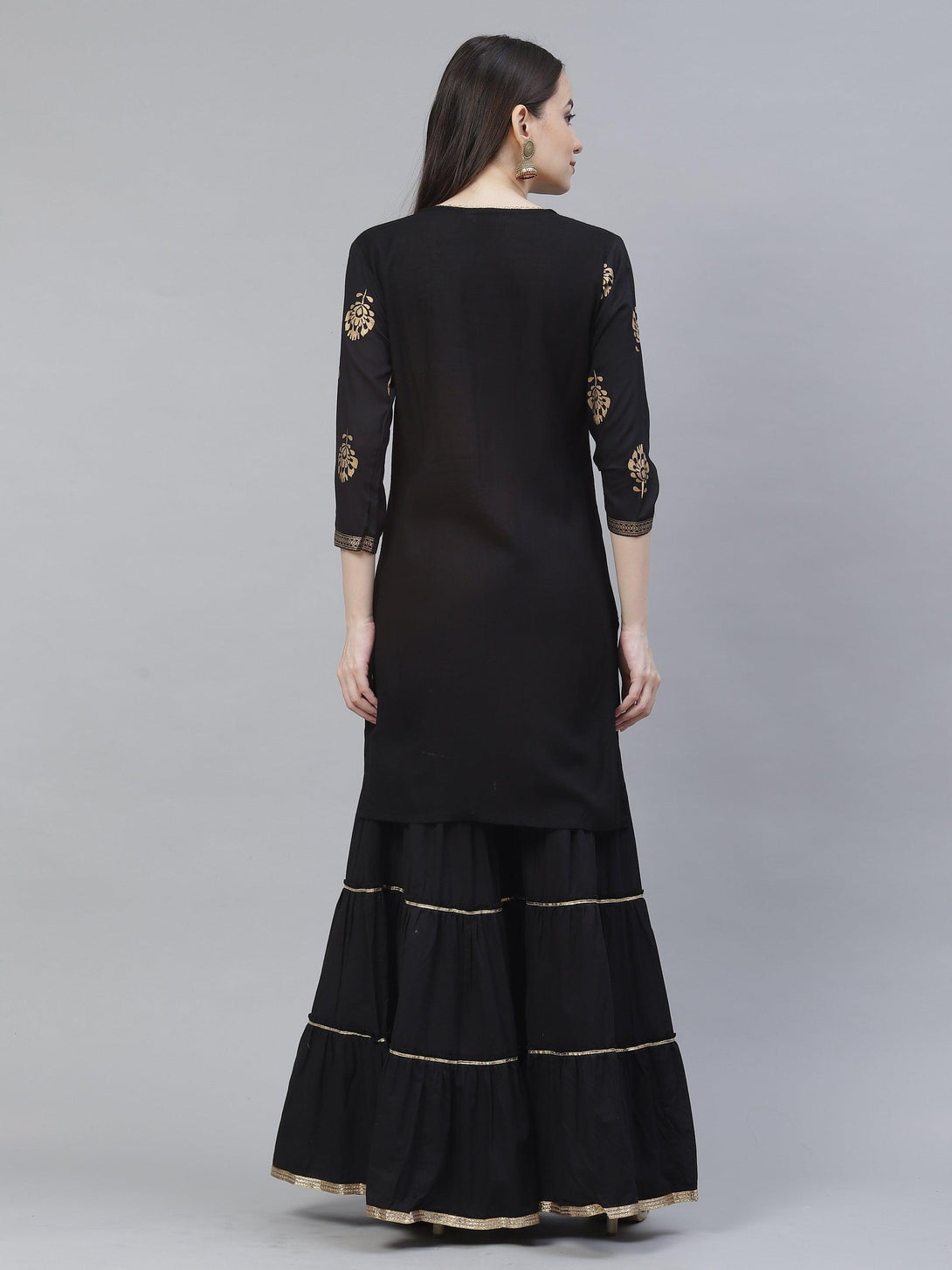 Women's black & gold printed straight kurta with sharara - Meeranshi - Indiakreations