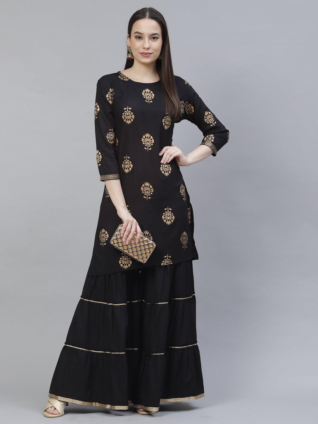 Women's black & gold printed straight kurta with sharara - Meeranshi - Indiakreations