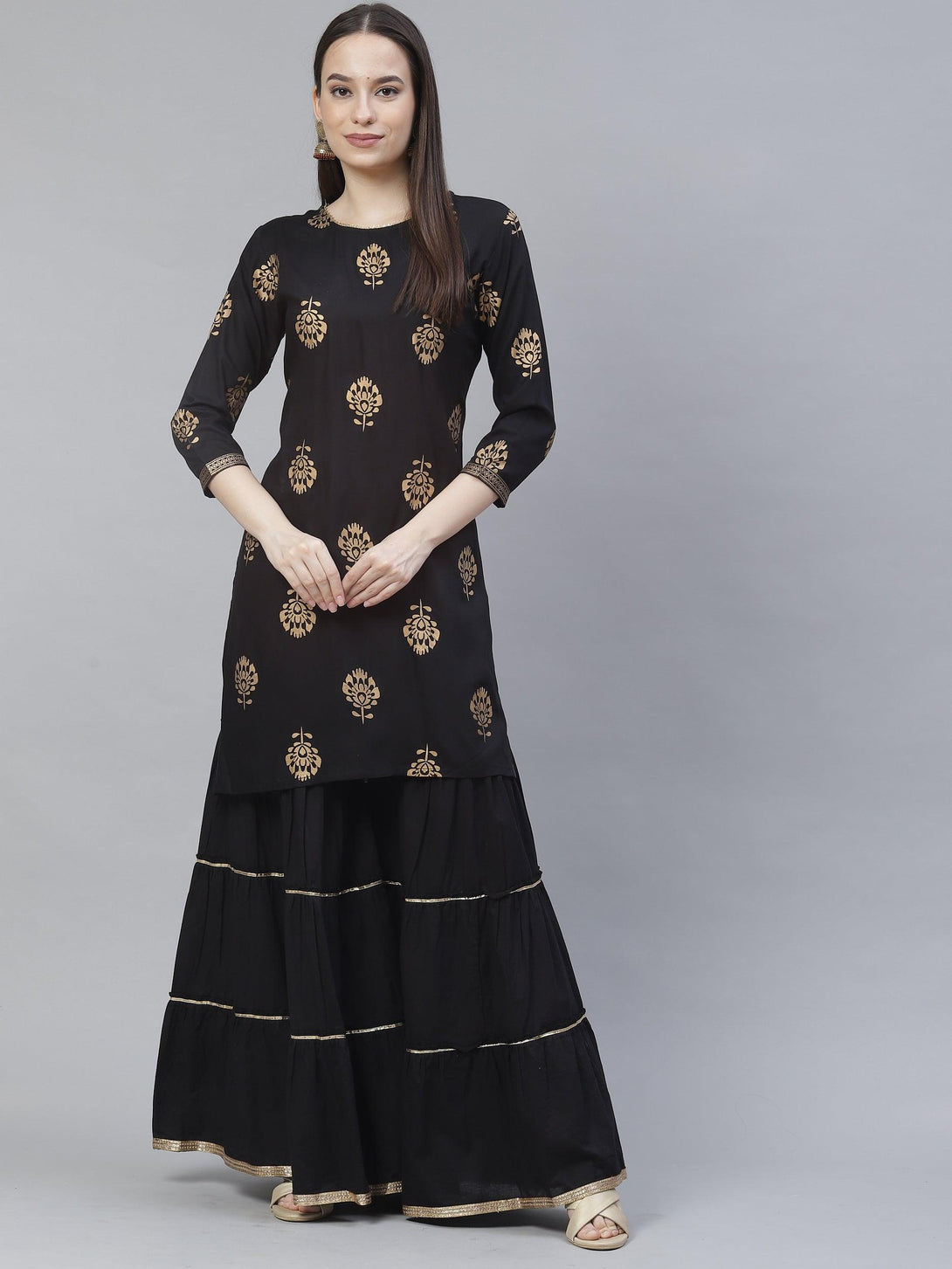 Women's black & gold printed straight kurta with sharara - Meeranshi - Indiakreations