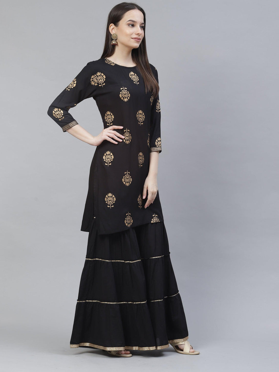 Women's black & gold printed straight kurta with sharara - Meeranshi - Indiakreations