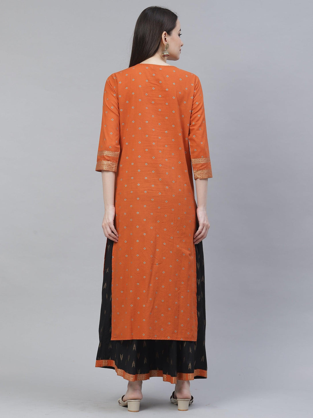 Women's orange & black printed kurta with skirt - Meeranshi - Indiakreations