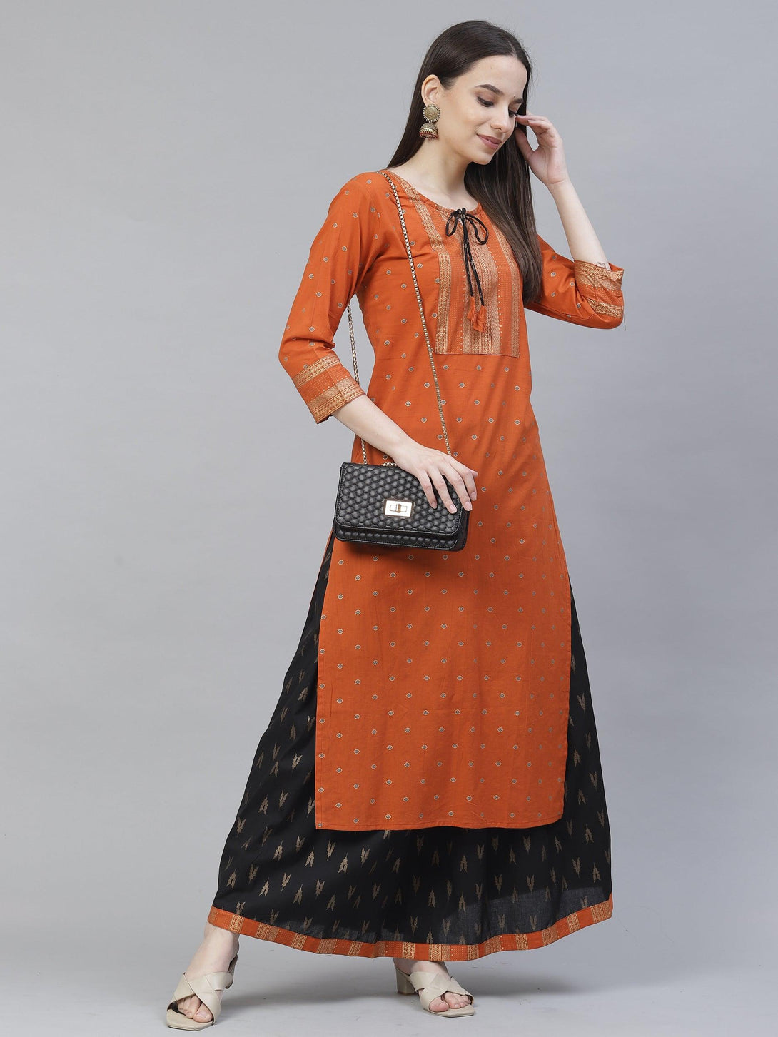 Women's orange & black printed kurta with skirt - Meeranshi - Indiakreations