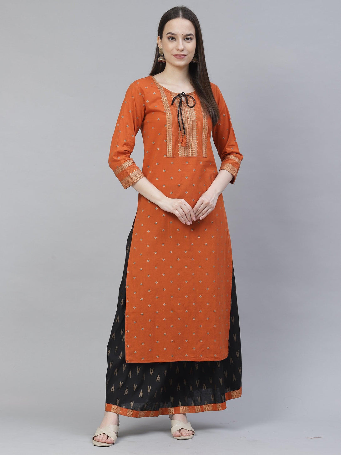 Women's orange & black printed kurta with skirt - Meeranshi - Indiakreations