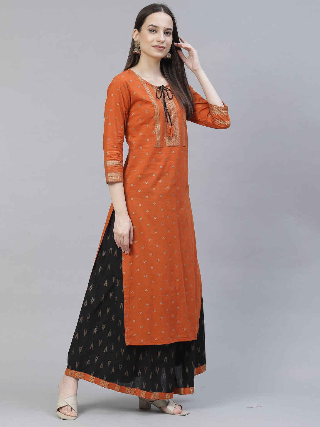 Women's orange & black printed kurta with skirt - Meeranshi - Indiakreations