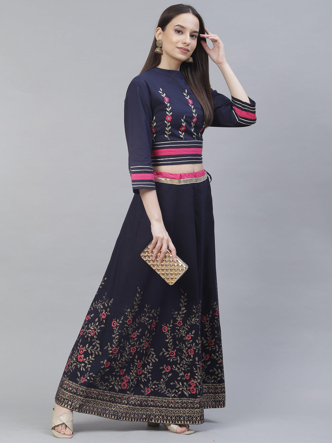 Women's navy blue embriodred top with skirt - Meeranshi - Indiakreations