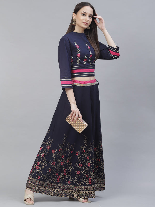 Women's navy blue embriodred top with skirt - Meeranshi