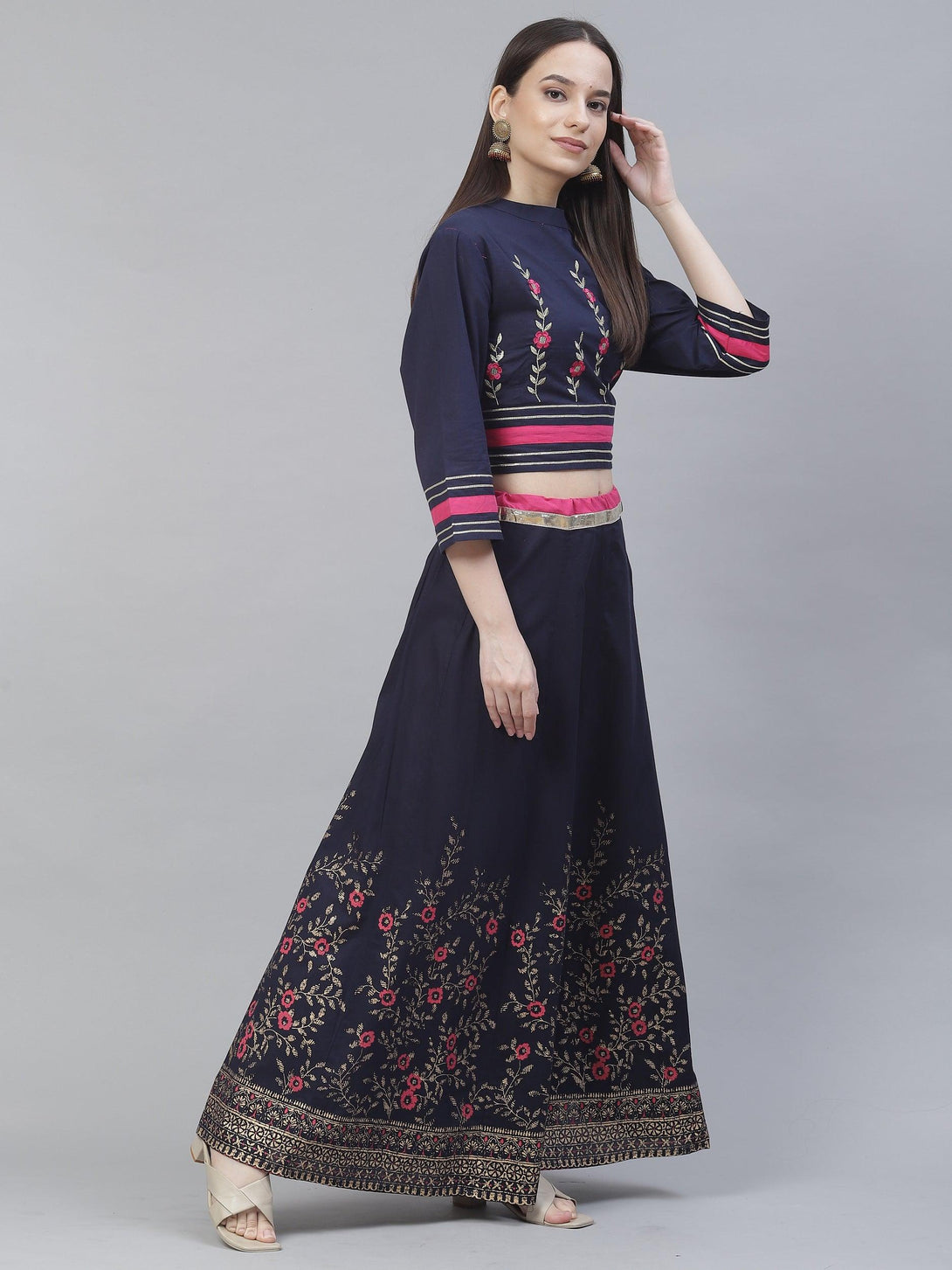 Women's navy blue embriodred top with skirt - Meeranshi - Indiakreations