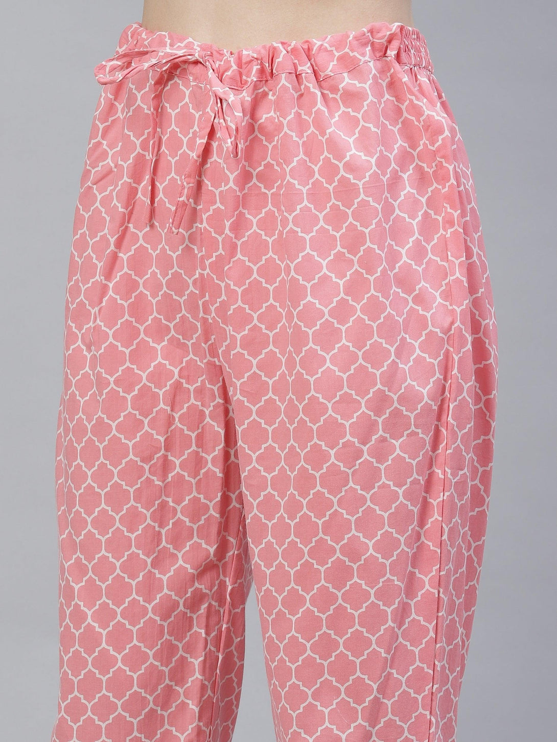 Women's pink and white printed floral kurta with trousers - Meeranshi - Indiakreations