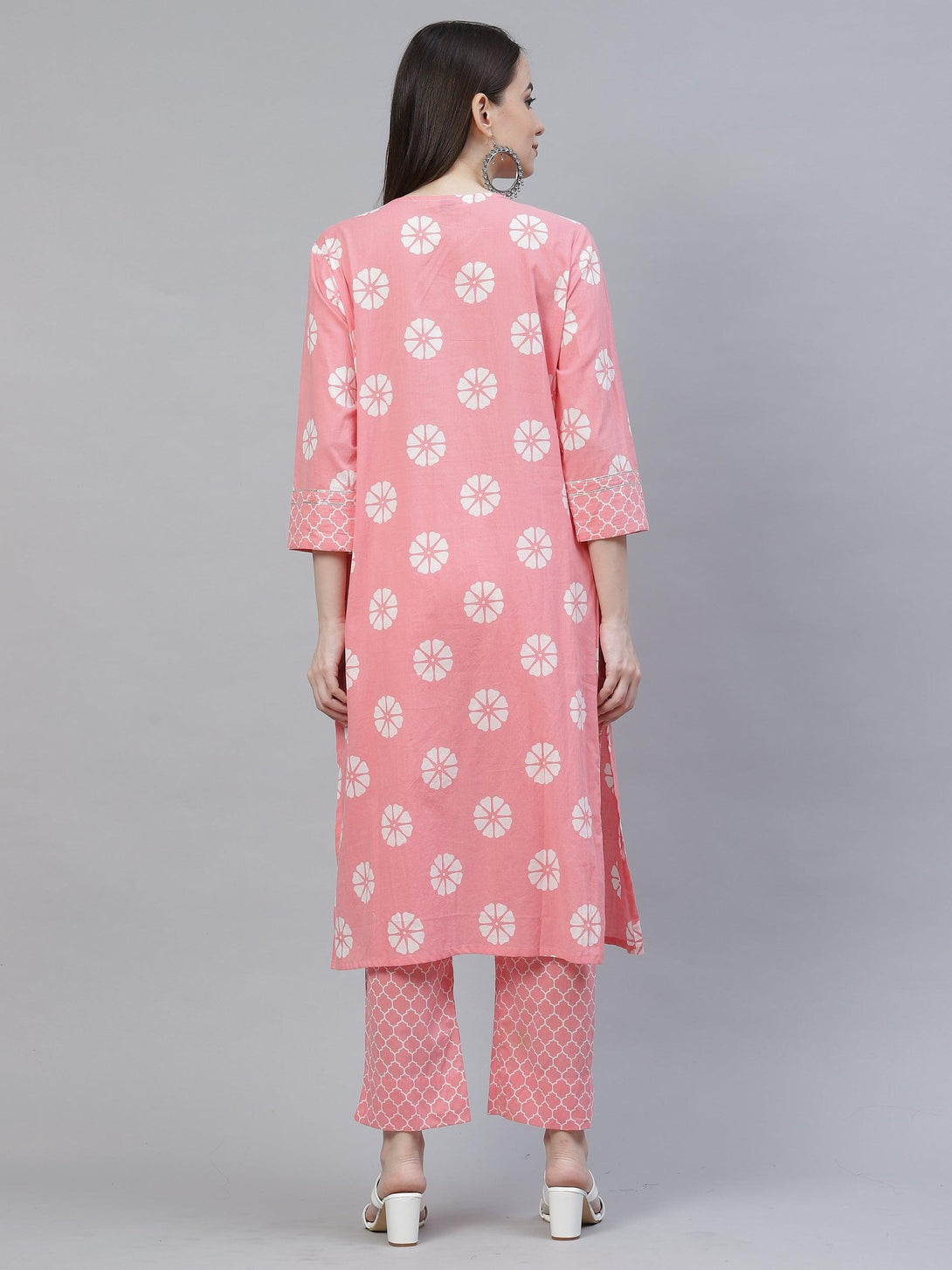 Women's pink and white printed floral kurta with trousers - Meeranshi - Indiakreations