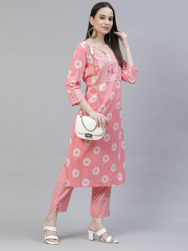 Women's pink and white printed floral kurta with trousers - Meeranshi - Indiakreations