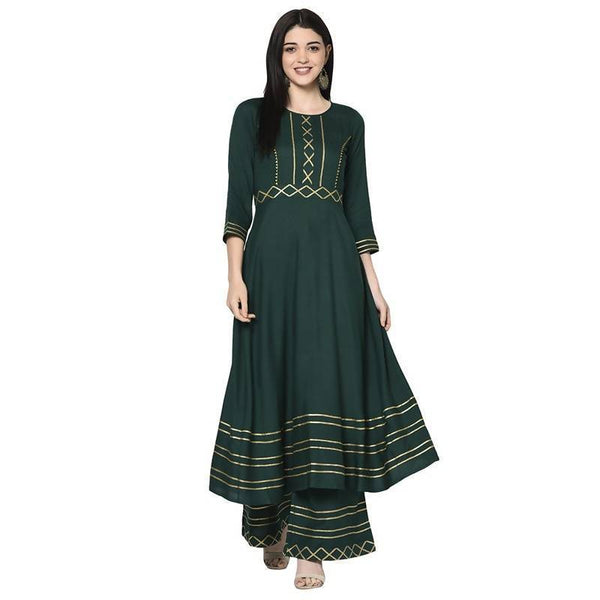 Women's Bottle Green Rayon Anarkali Kurta- Aniyah