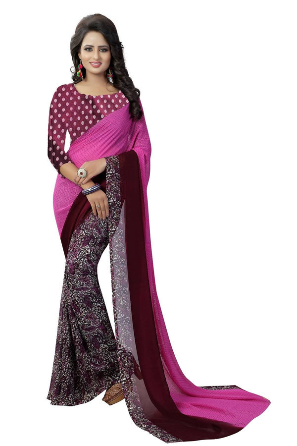 Women's Vamika Purple Georgette Printed Half & Half Saree Trump Purple - Vamika