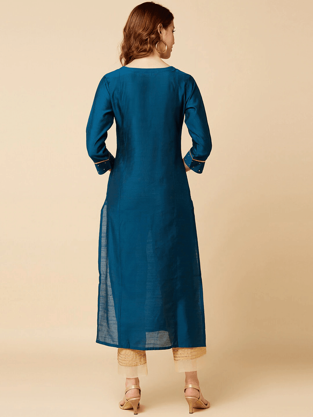 Teal Blue Yoke Design Thread Work Kurta - Indiakreations