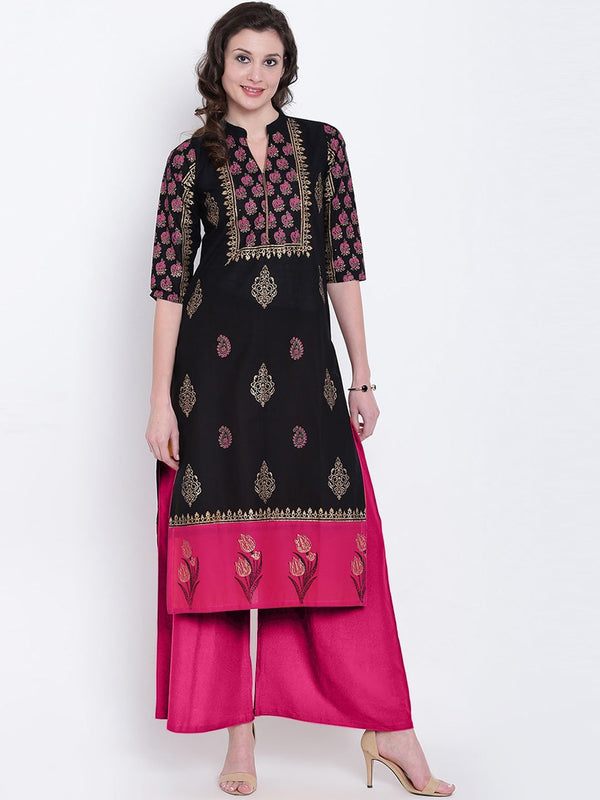 Women's Black Ethnic Motifs Printed Mirror Work Block Print Kurta - Noz2Toz