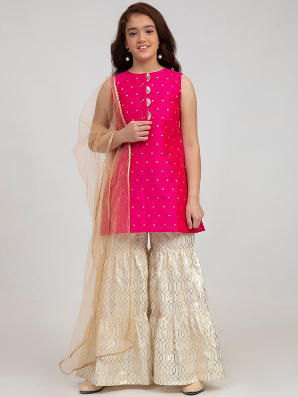 Girl's Pink Ethnic Motifs Embroidered Panelled Kurti with Sharara & With Dupatta - NOZ2TOZ KIDS