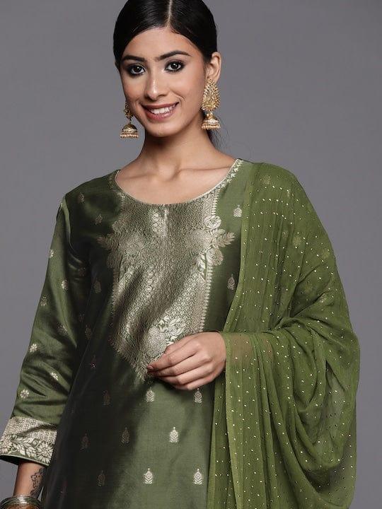 Varanga Women Olive Green Kurta with Trousers & With Dupatta - Indiakreations