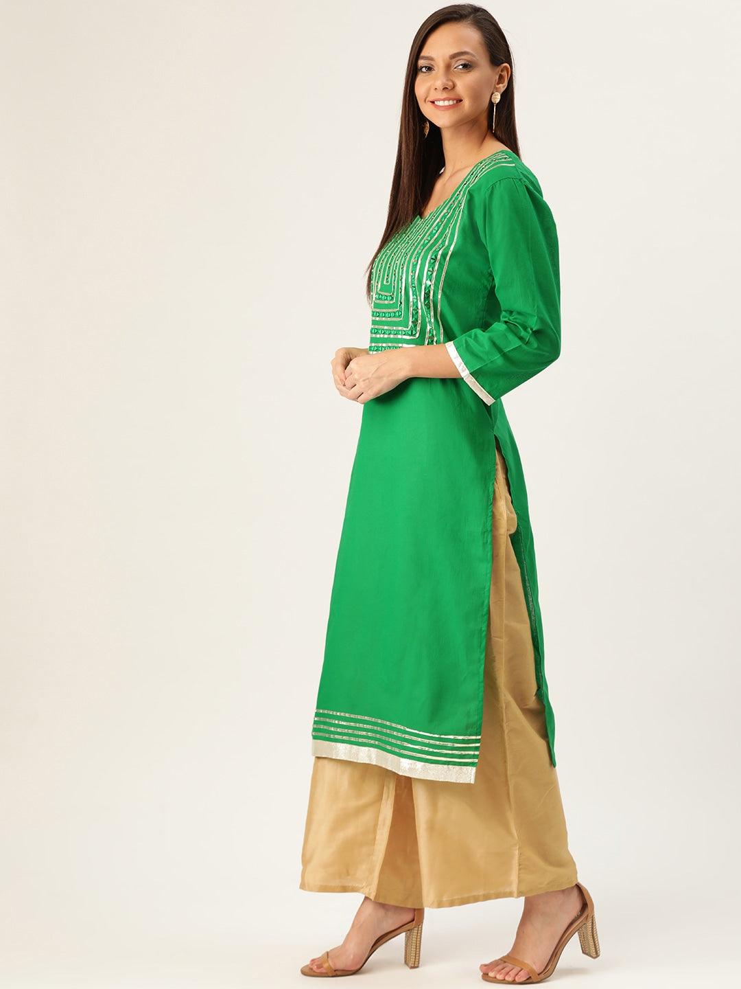 Women's Green & Golden Yoke Design Straight Kurta - Noz2Toz - Indiakreations