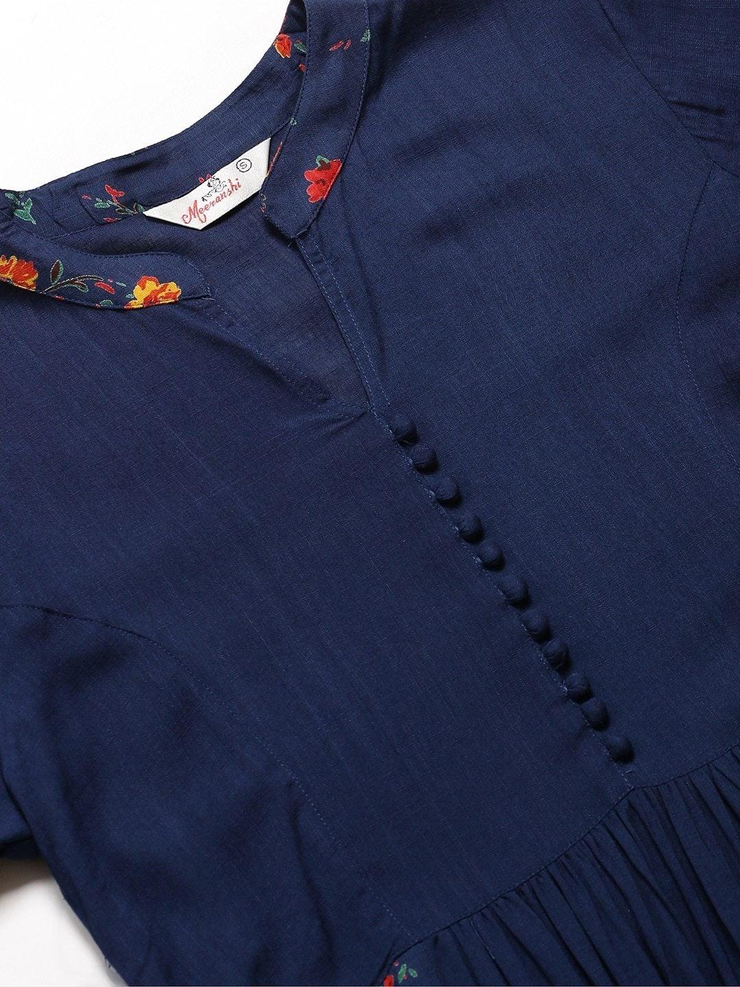 Women's Navy Blue & Red Floral Print Detail A-Line Kurta - Meeranshi - Indiakreations