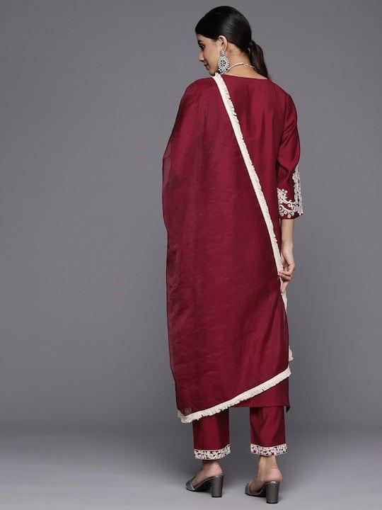 Varanga Women Embroidered Thread Work Kurta With Trousers & Dupatta - Indiakreations