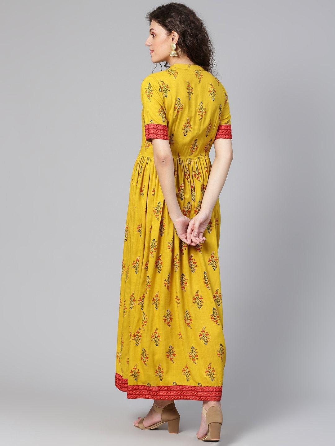 Women's Mustard Yellow & Red Printed A-Line Kurta - Meeranshi - Indiakreations