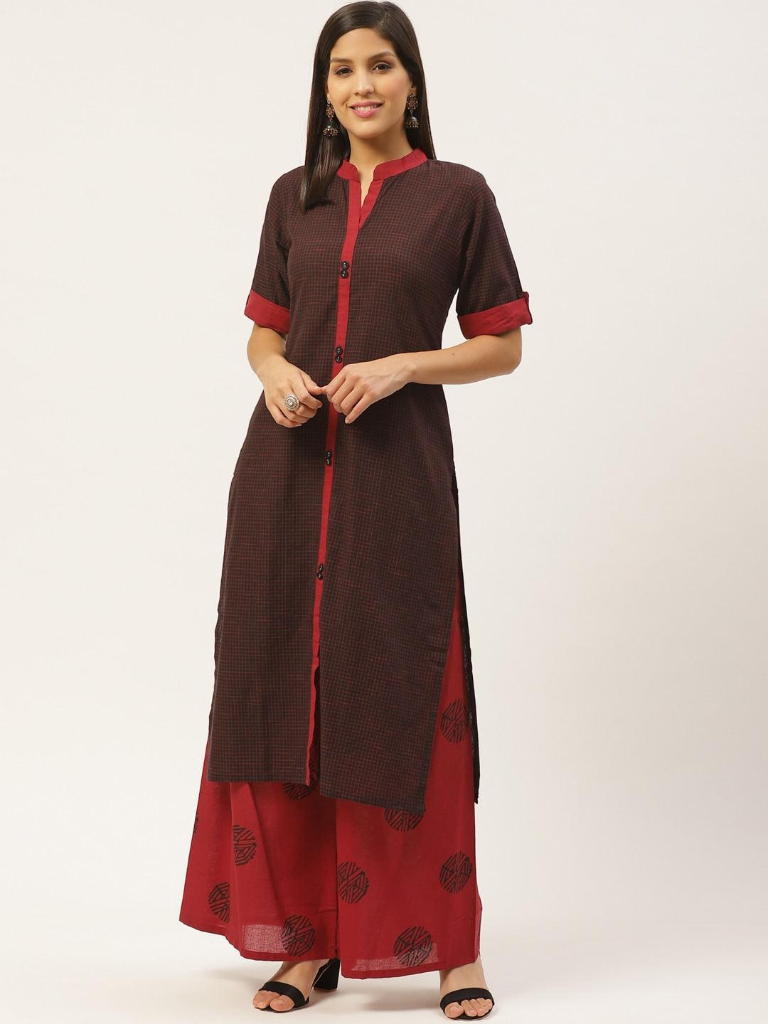 Women's Black & Red Checked Kurta With Block Print Palazzo - Noz2Toz - Indiakreations