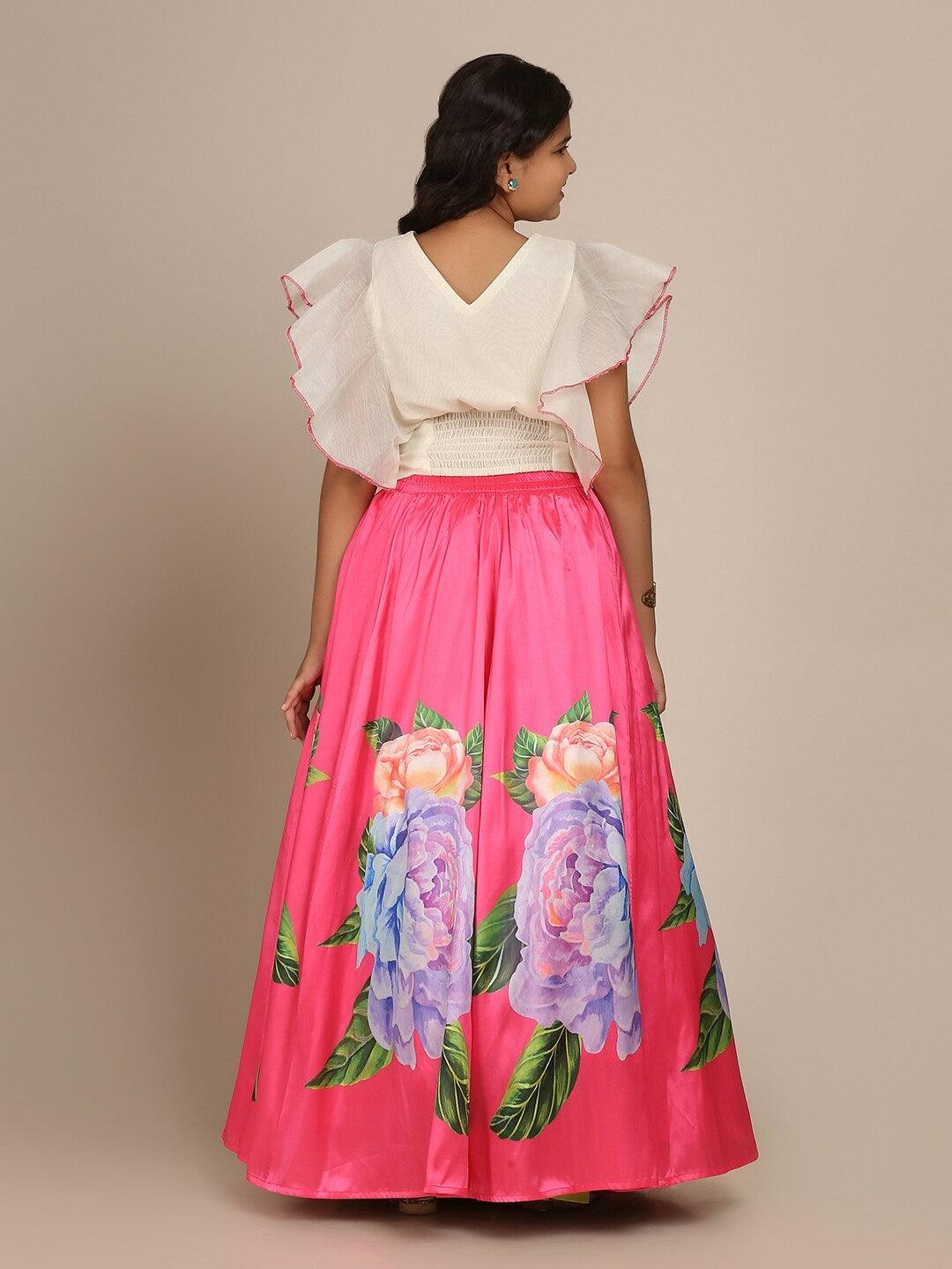 Girl's Pink & Green Ready to Wear Lehenga - NOZ2TOZ KIDS - Indiakreations