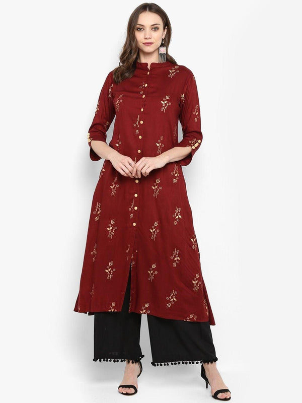 Women's Maroon & Black Printed Kurta with Palazzos - Meeranshi - Indiakreations