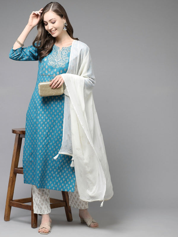 Women's Teal Blue & Off-White Printed Kurta Set - Yufta