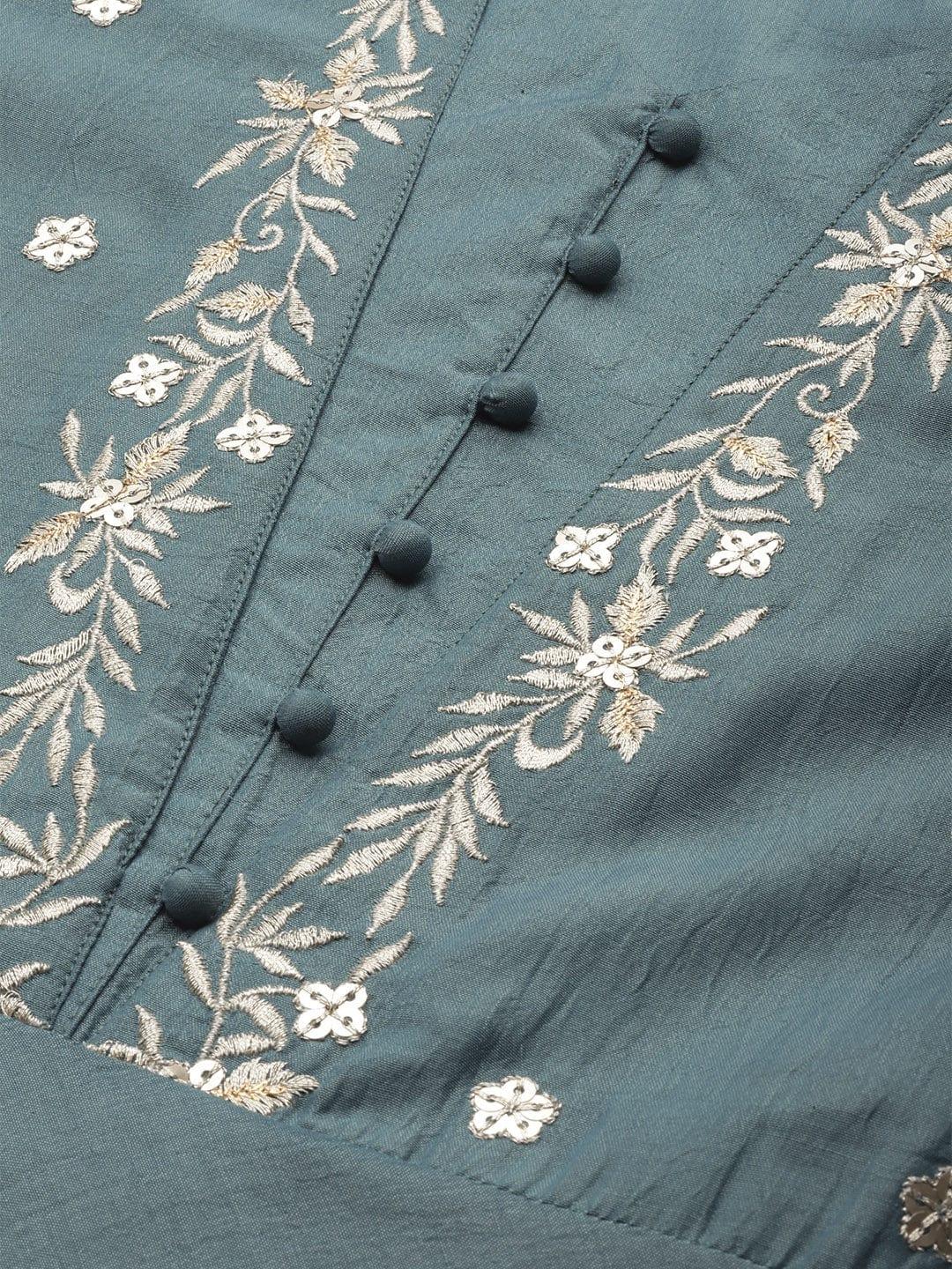 Teal Green Embroidered Kurta with Trousers - Indiakreations