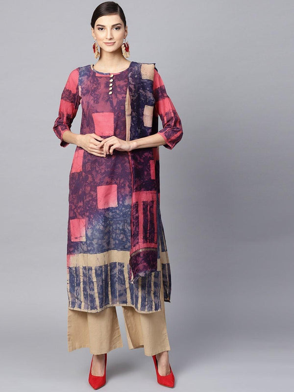 Women's Purple & Beige Printed Kurta with Palazzos & Dupatta - Meeranshi - Indiakreations