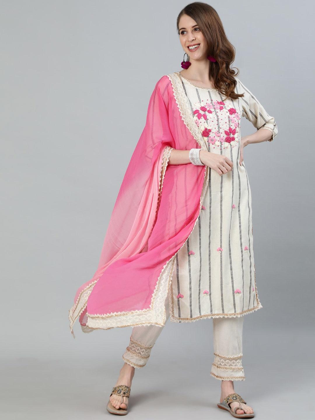 Women's Off Whte Embroidered A-Line Kurta With Trouser & Dupatta - Ishin - Indiakreations