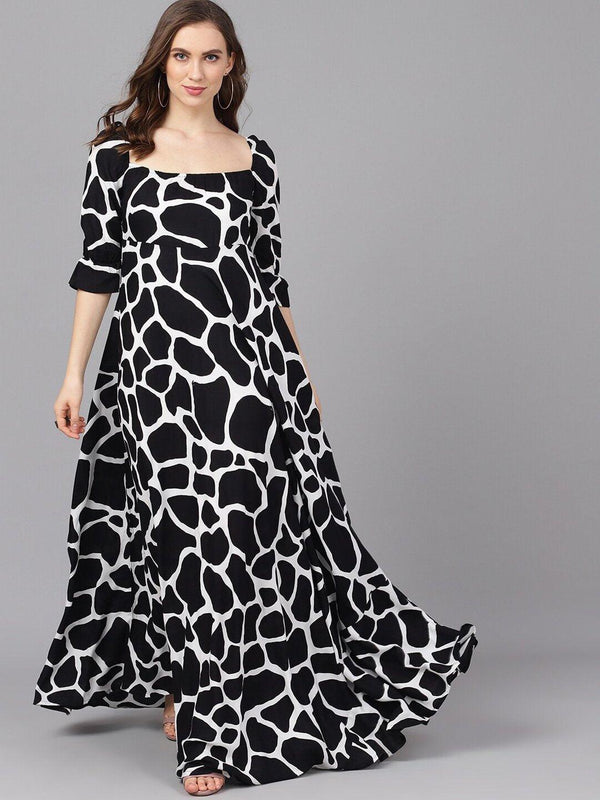 Women's Black & White Printed Maxi Dress - AKS - Indiakreations