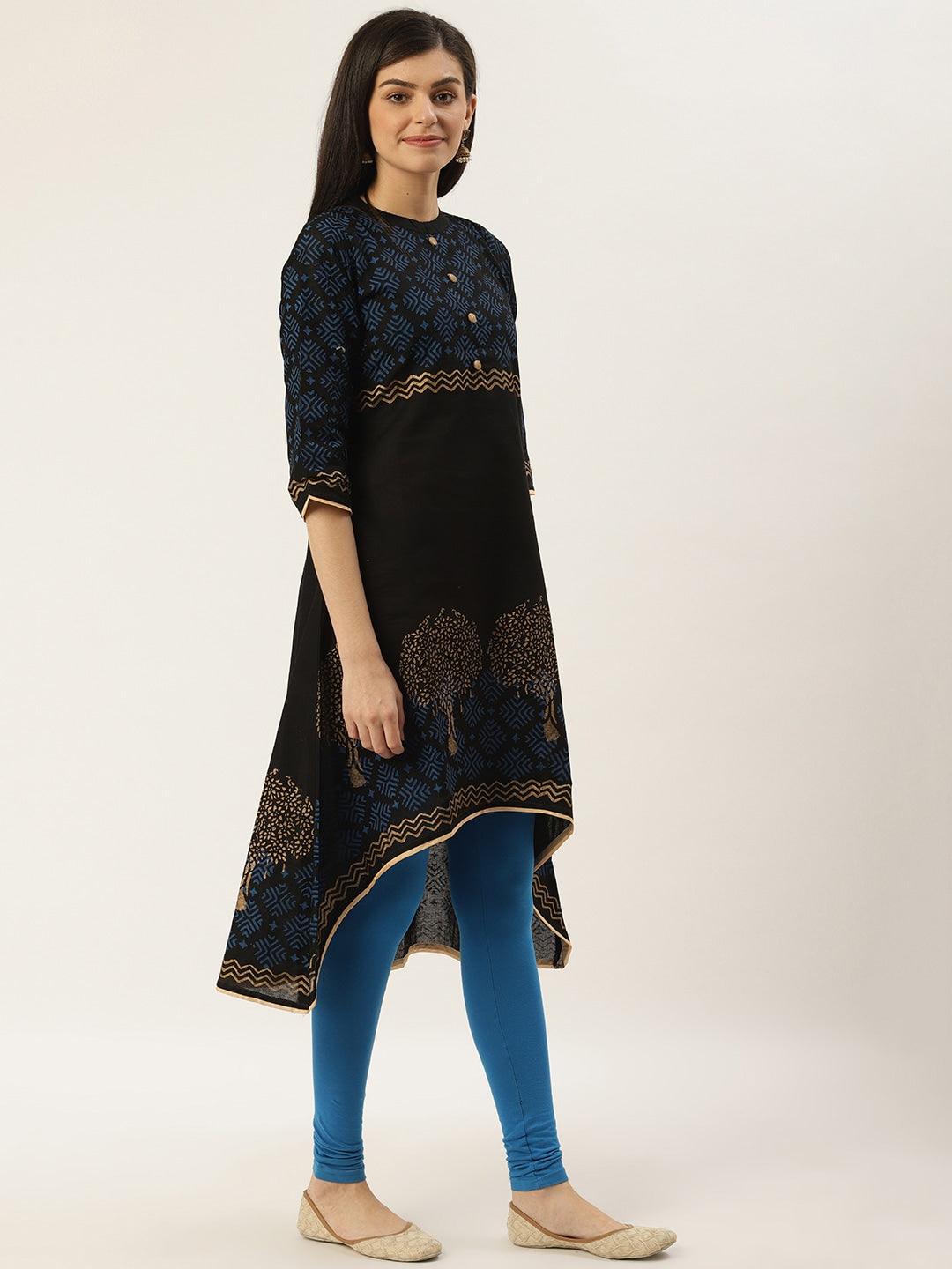 Women's Black & Golden Block Print A-Line Kurta - Noz2Toz - Indiakreations